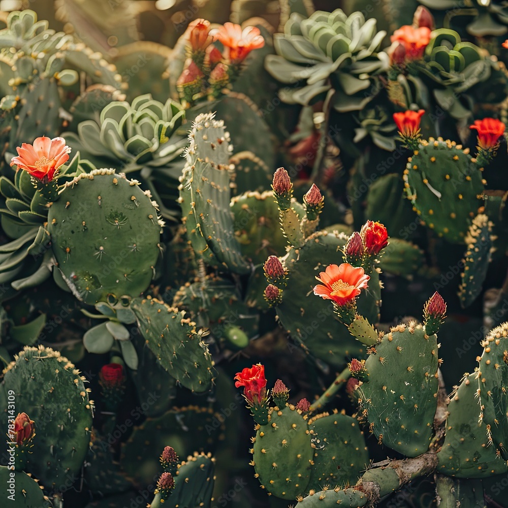 A vibrant photo of green cactus plants with bright red flowers blooming. A vibrant photo of green cactus plants with bright red flowers blooming.