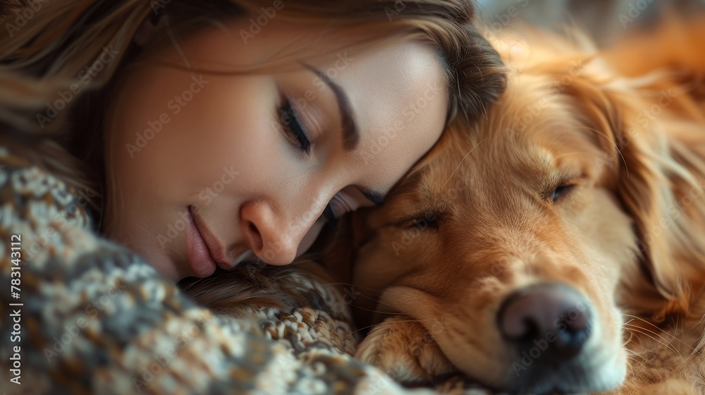 Craft a heartwarming image of a dog cuddled up with its owner
