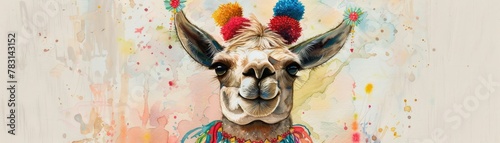 A watercolor painting of a llama adorned with colorful pom-poms and tassels photo