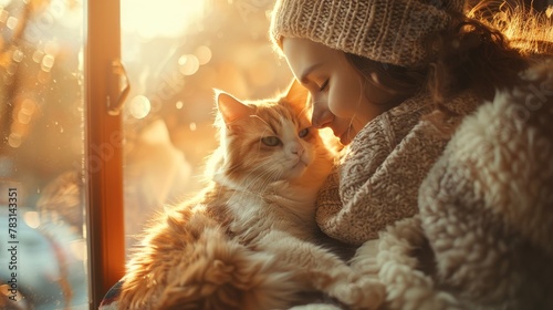 Craft a heartwarming scene of a lovely pet and its owner sharing a tender moment photo