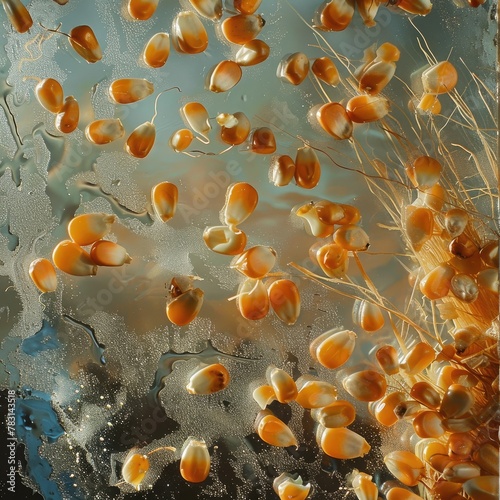 An abstract composition featuring corn kernels scattered artistically on a reflective surface.