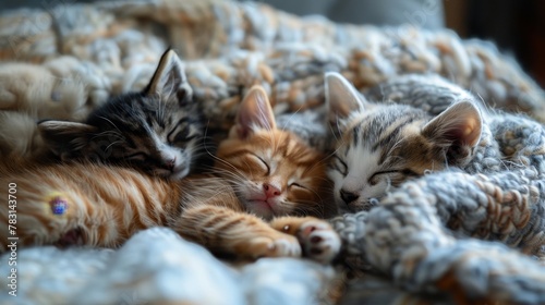 Craft a heartwarming scene of a pet and its littermates sleeping together in a cozy bed © Supasin
