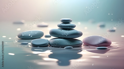  Digital illustration showcasing Zen stones with water drops on a smooth gradient background  evoking a sense of peace and tranquility in a minimalist spa concept  using a soft color palette and gentl