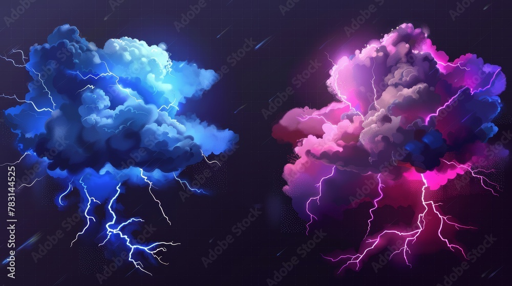 It could be lightning strikes and a thunderstorm cloud, lightning discharges and a storm cloud, an impact spot or a magical energy flash. Meteorology thunderbolt realistic 3D modern impulse isolated - obrazy, fototapety, plakaty 