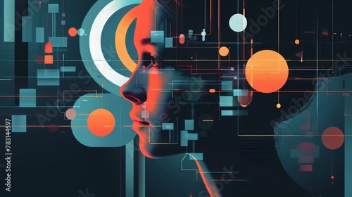 A woman's face is shown in a computer generated image with a lot of circles and squares. The image is abstract and has a futuristic feel to it