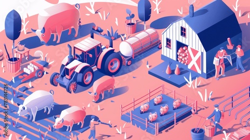 Landing page for farm agriculture, animal husbandry, using tractor machinery, feeding pigs and cows, harvesting. Modern 3D line art web banner of village agriculture, animal husbandry. photo