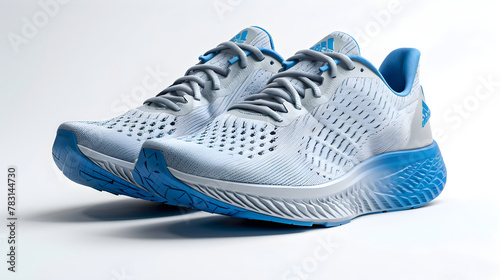 An Elegant Pair of Grey and Blue Running Shoes Displayed against a Bright, White Background