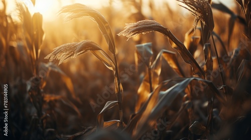 Generative AI Close-up shot showcasing the ripe cornstalks swaying gently in the breeze in a field at dusk. photo