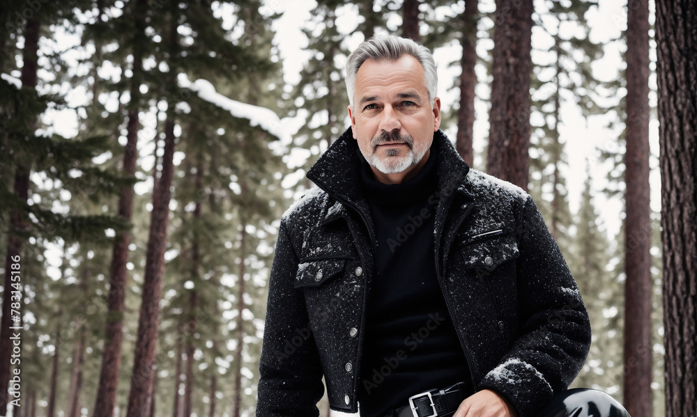 A man standing in the snow wearing a black jacket and holding a guitar. A man standing in the snow wearing a black jacket and holding a guitar.