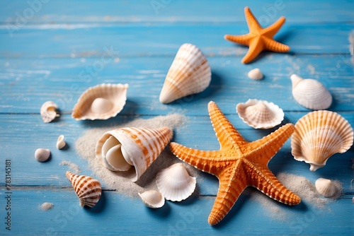 Beach scene concept with sea shells, starfish and sand on a blue wooden background.