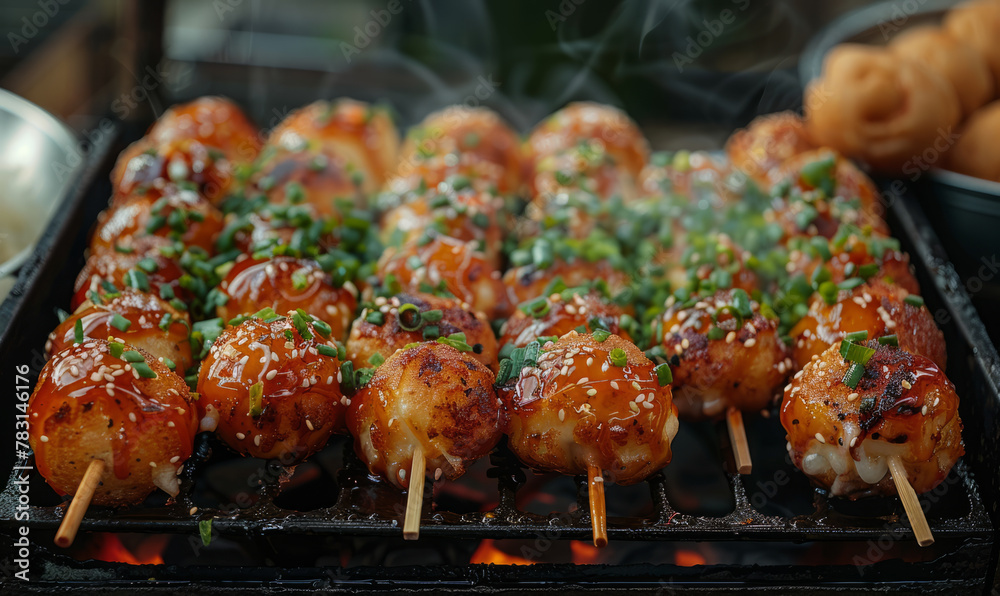 Beautiful close-up photo of a Takoyaki food stand outdoor in Japan - obrazy, fototapety, plakaty 