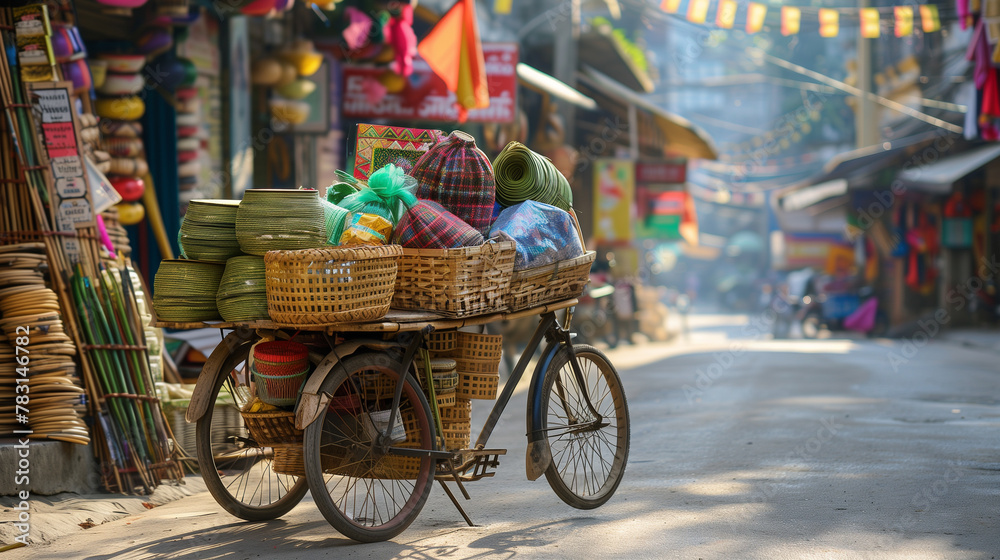 Fototapeta premium Vibrant Street Vendor Scene, Trading in Cambodia. A bicycle cart full of baskets and plastic bags 