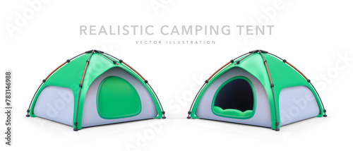 Set of realistic green camping tent isolated on white background. Vector illustration