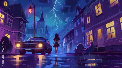 Animated detective story cartoon poster, young woman walking along illuminated street in dark town with car passing through puddles, with flashing lights and water puddles in dark sky. photo