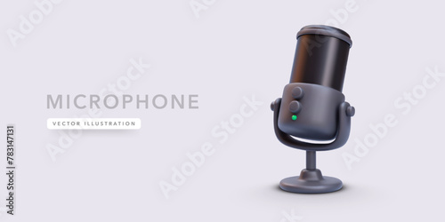 Realistic black microphone isolated on light background. Vector illustration