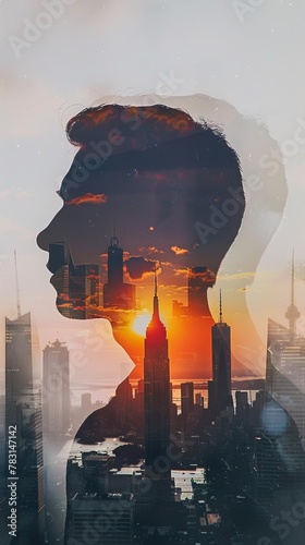 A womans face is overlaid with a city skyline in a double exposure. The contrasting images create a unique blend of urban and human features.