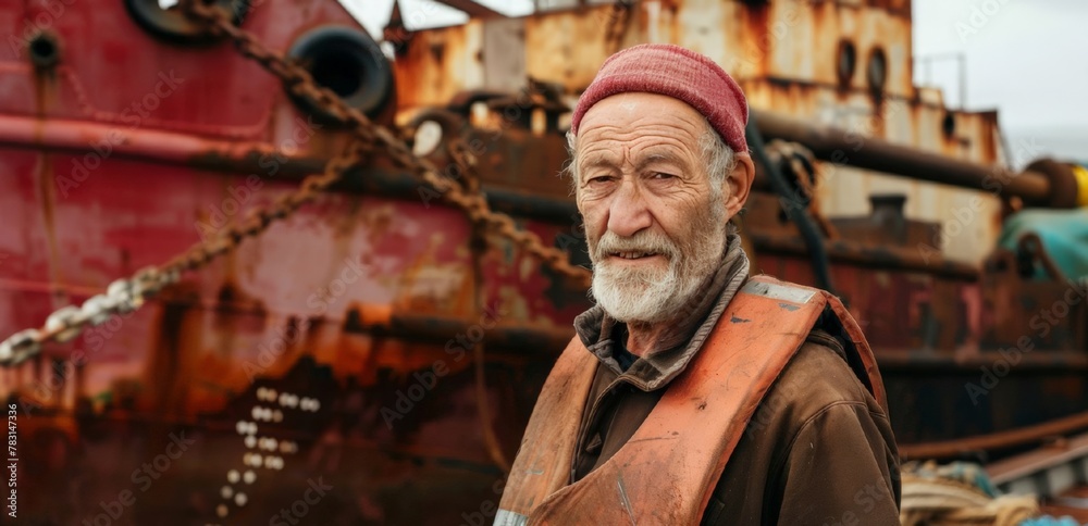 Portrait old male maritime professional at work. Elderly man  maritime in front of sea port background. International Labor Day, Workers Day concept. banner, poster, flyer.