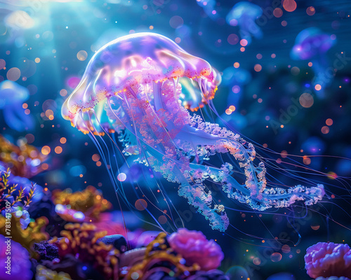 Glowing Jellyfish, Bioluminescent Tendrils, Underwater wonderland with vibrant coral reefs, sun rays filtering through the water, 3D underwater scene, Rim lighting, Bokeh effect