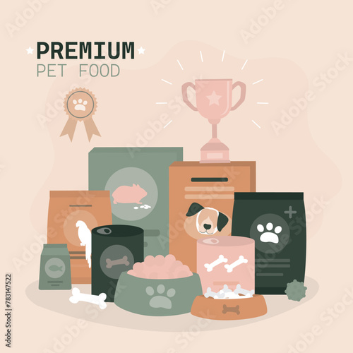 Premium quality pet food, poster or marketing banner template. Food for cats, dogs and others animals. Pet store, food kit in shop. Nutrition packaging for domestic pets.