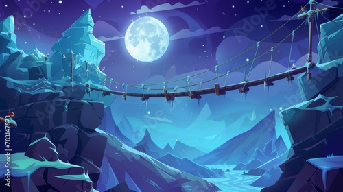 Under moonlight, a rope bridgework interconnects steep rocky edges on the mountain. Beautiful nature scene, cartoon modern illustration. photo