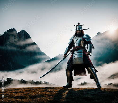 A samurai standing in a field with mountains in the background.