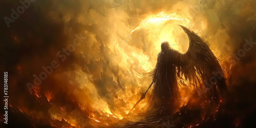 illustration of a fierce male demonic angel of death, holding a large scythe photo