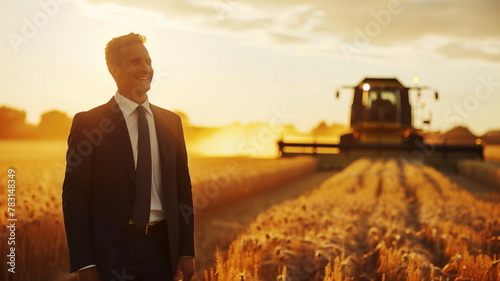 Smiling businessman in suit standing in harvested wheat field. photo