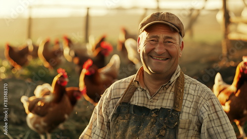 Bearded farmer smiling among chickens at sunset.