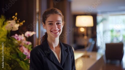 Welcoming young receptionist at a luxury hotel. photo