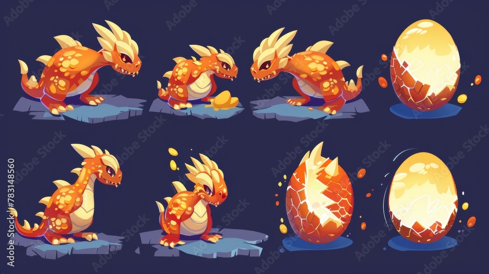 Fototapeta premium The golden dragon egg in different stages of breaking and revealing a baby. Modern cartoon animation sprite sheet with the arrival of a magic animal, bird, or reptile from the golden egg.
