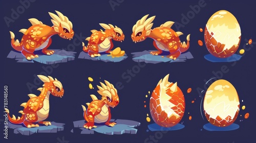 The golden dragon egg in different stages of breaking and revealing a baby. Modern cartoon animation sprite sheet with the arrival of a magic animal, bird, or reptile from the golden egg.