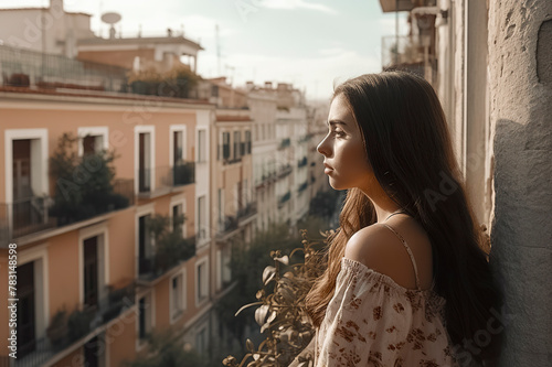 A woman stands on a balcony looking out over a city. She is wearing a floral dress and has long hair