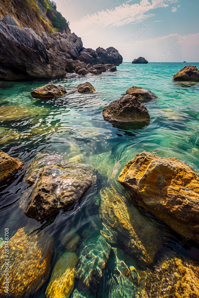 a serene coastal scene with clear waters, submerged rocks, and rugged cliffs under a partly cloudy sky