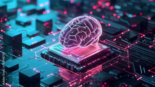 A computer chip with a brain on it. The brain is blue and red. The chip is on a black background