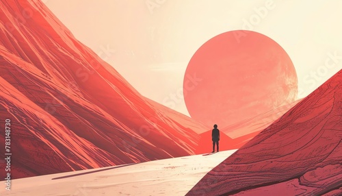 A lone figure stands on a barren alien landscape, silhouetted against a setting sun.