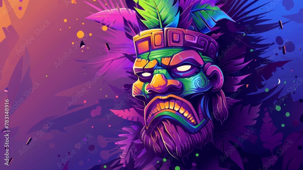 Advertising website with tikki masks and hawaiian tribe totem banner. Modern landing page with cartoon illustration of traditional polynesian wooden god face.