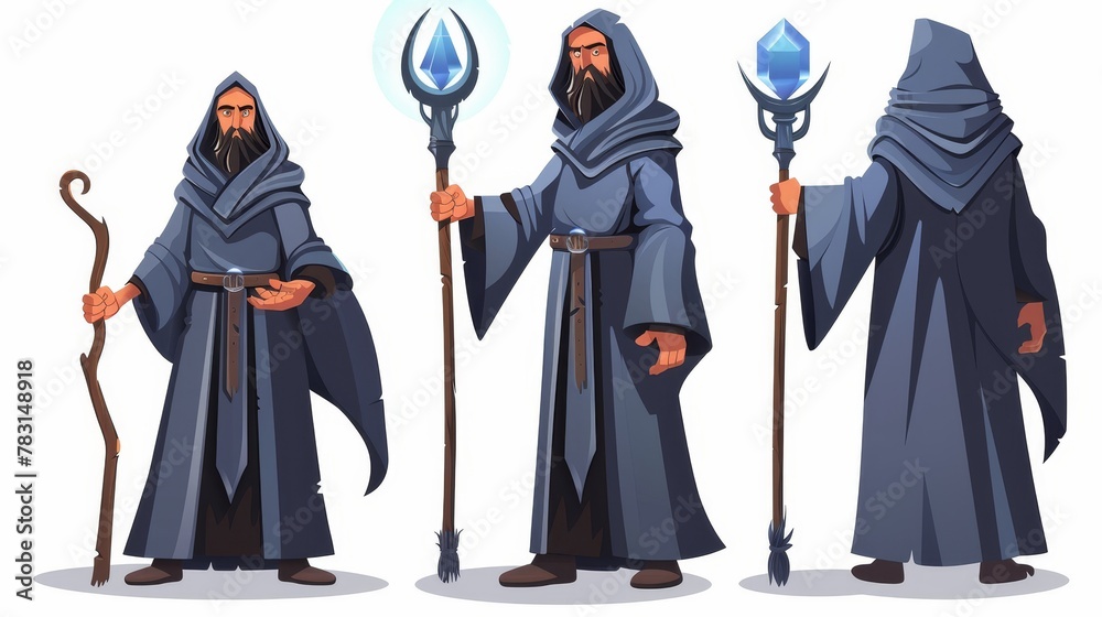 Imaginary wizard with magic staff and broom in medieval cloak and hood. Modern illustration of a sorcerer character as well as a warlock with wooden stick with crystal and broom.