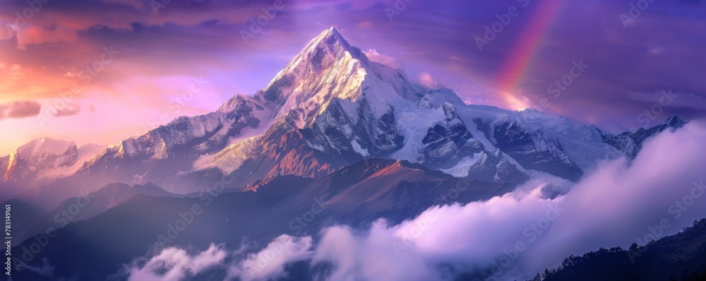 Mountain peak obscured by snowfilled clouds, with a vivid rainbow in the sky Mountain peak obscured by snowfilled clouds, with a vivid rainbow in the sky