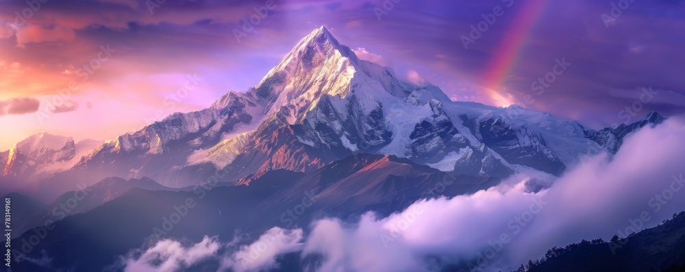 Mountain peak obscured by snowfilled clouds, with a vivid rainbow in the sky