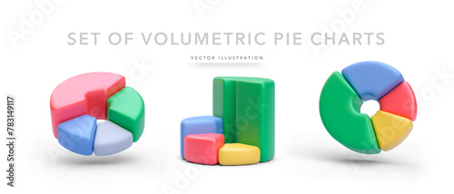Set of volumetric pie charts in realistic style isolated on white background. Vector illustration