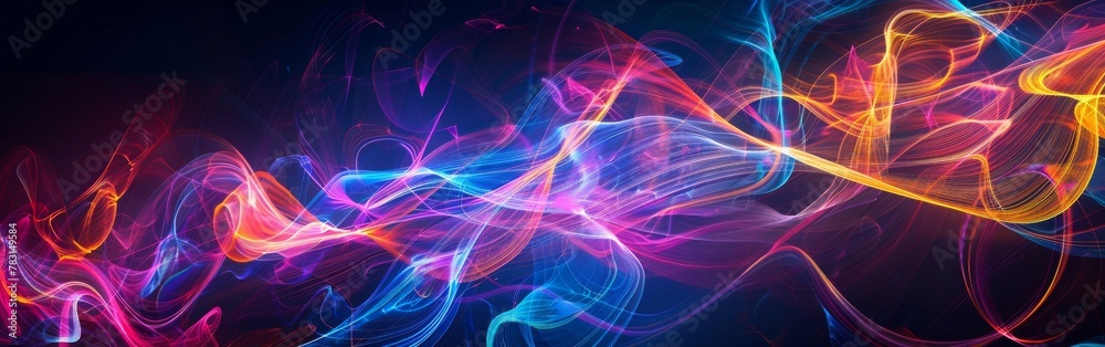 Fototapeta premium Various colorful lights are scattered throughout the photo, creating a blurry effect against a black background. The lights appear to be in motion, creating a dynamic and vibrant visual display.