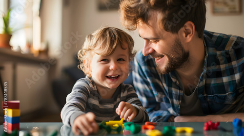 Father and child do activities together happily. Warm family and care, child rearing, lifestyle. Smile Ai.