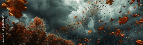 A group of orange leaves are seen floating gracefully in the air, creating a mesmerizing sight. The leaves appear to dance and twirl as they are carried by the wind.