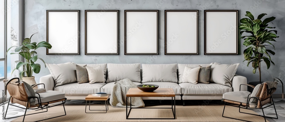 interior of a modern living room with white frames on the wall background with free space for editing interior of a modern living room with white frames on the wall background with free space for editing
