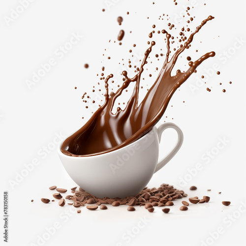 Spilling coffee from a mug on a white background