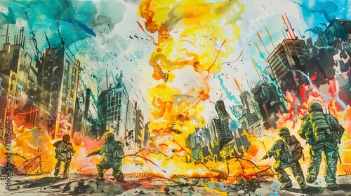 Soldiers on the Brink  A Watercolor Depiction of Urban Destruction and Defiance