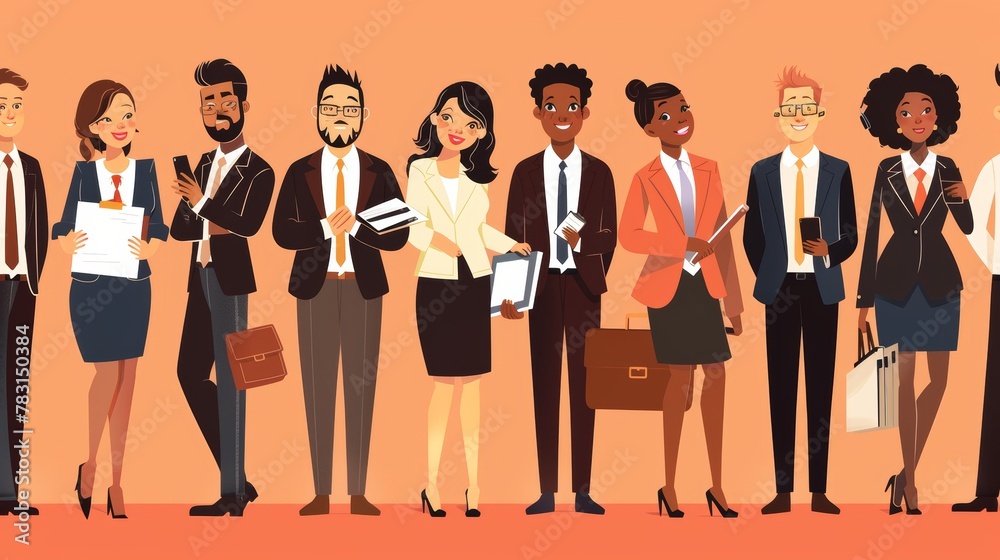 A group of multiracial people, a business team, students or office workers. Modern flat illustration depicting a briefcase, phone, and clipboard.