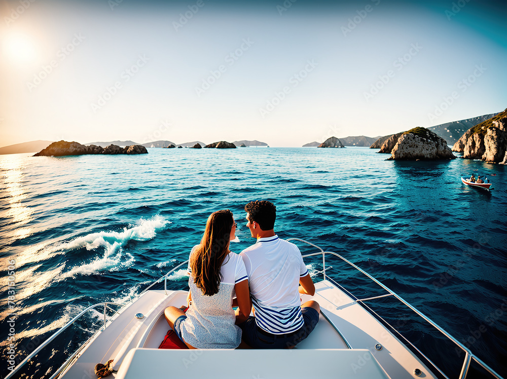 A couple sitting on the deck of a boat in the middle of the ocean.