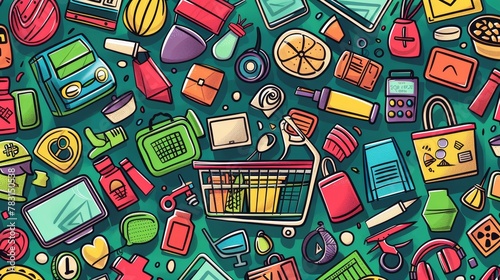 Web store background with doodle signs of sale, payment, delivery, and customer support. Modern hand drawn illustration of internet retail service with basket, phone, bags, and truck.