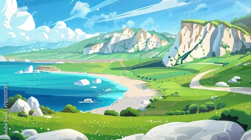 A summer landscape with green fields  a lake  and mountains on the horizon. Modern illustration of countryside  hills with farmland  a road on the seashore  and white rocks.